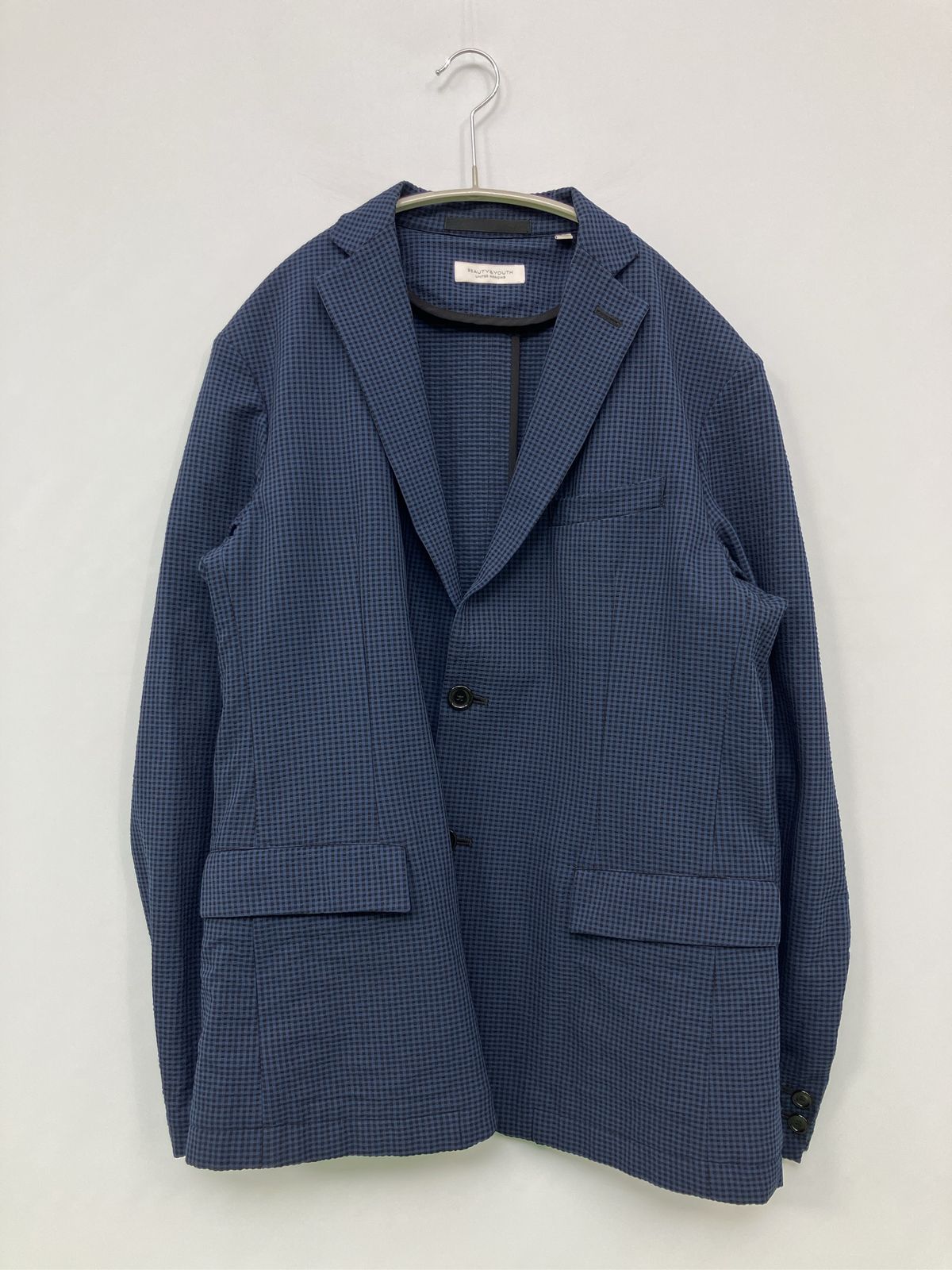 BEAUTY&YOUTH UNITED ARROWS ビューティアンドユースユナイテッドアローズ テーラードジャケット L ネイビー チェック柄 ミドル丈 フードなし シングル メンズ