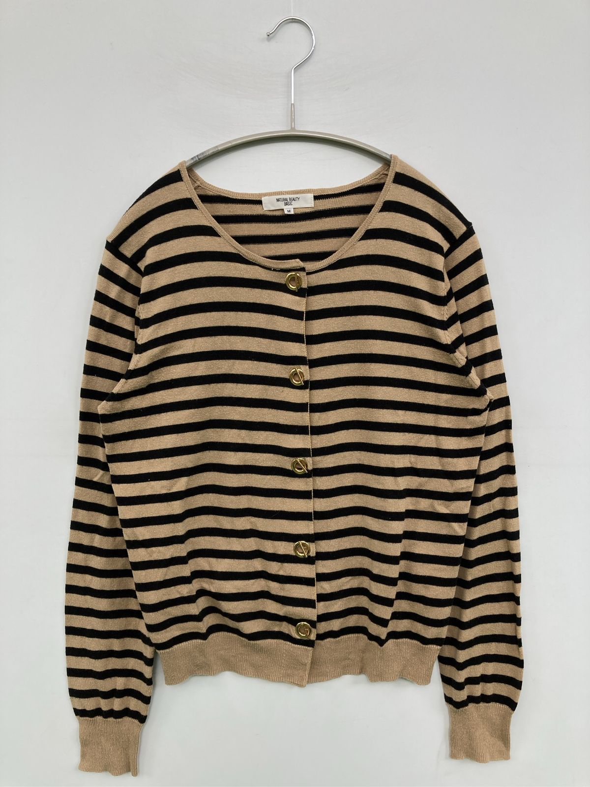 NATURAL BEAUTY BASIC ナチュラルビューティーベーシック カーディガン/ボレロ M ブラウン コットン 長袖 ボーダー柄 ショート丈 レディース