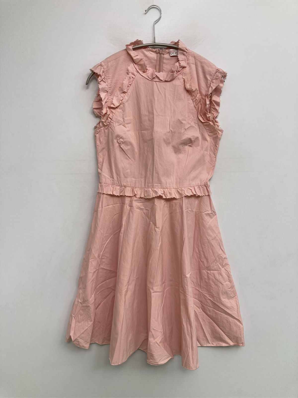 RED VALENTINO レッドヴァレンティノ ワンピース 38 ピンク コットン 無地 フリル 袖なし ショート・ミニ丈 フレア レディース