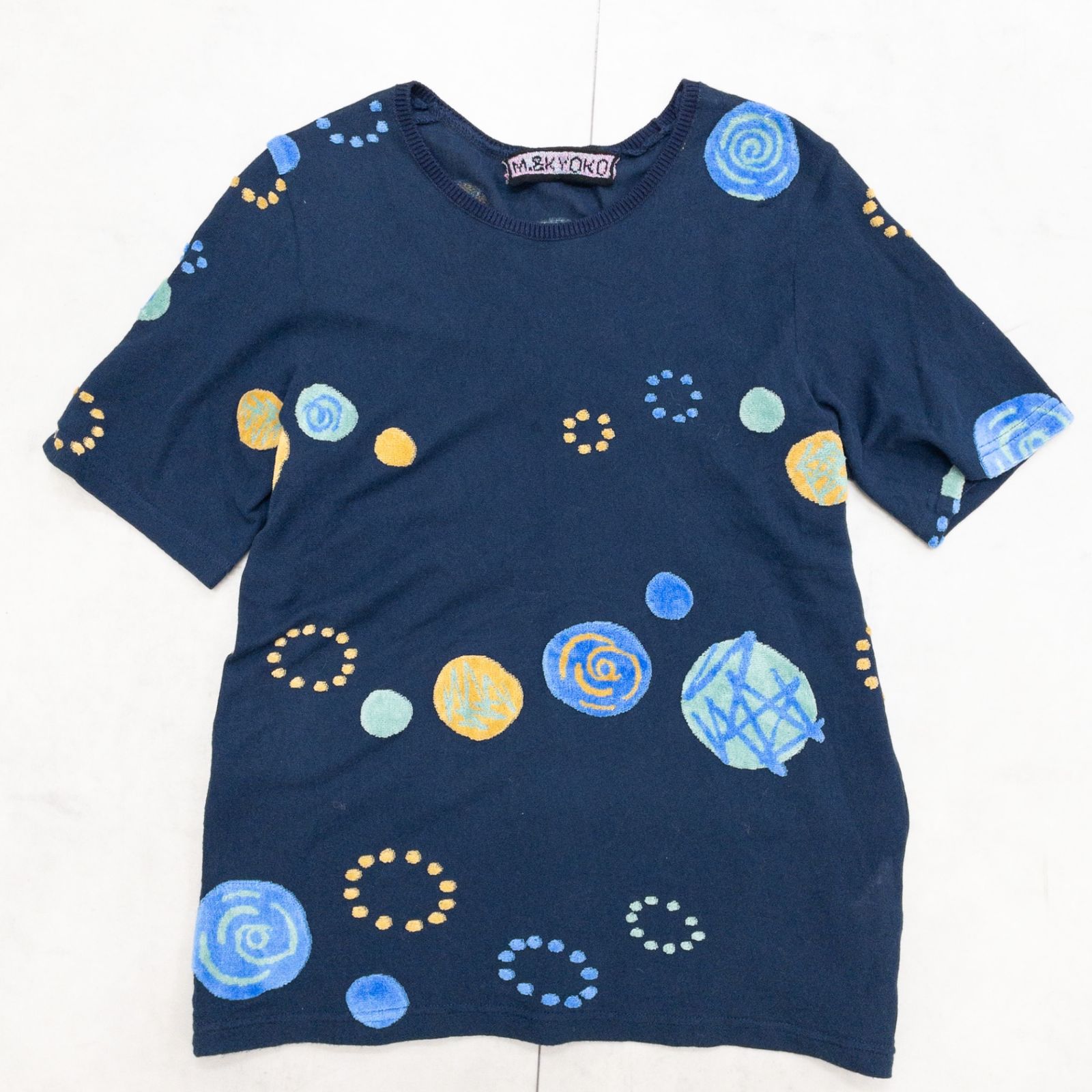 M.&KYOKO エムアンドキョウコ ニットトップス 半袖 クルーネック 総柄 水玉 刺繍 コットン ネイビー マルチカラー 日本製 レディース 1 b01583 7,425円
