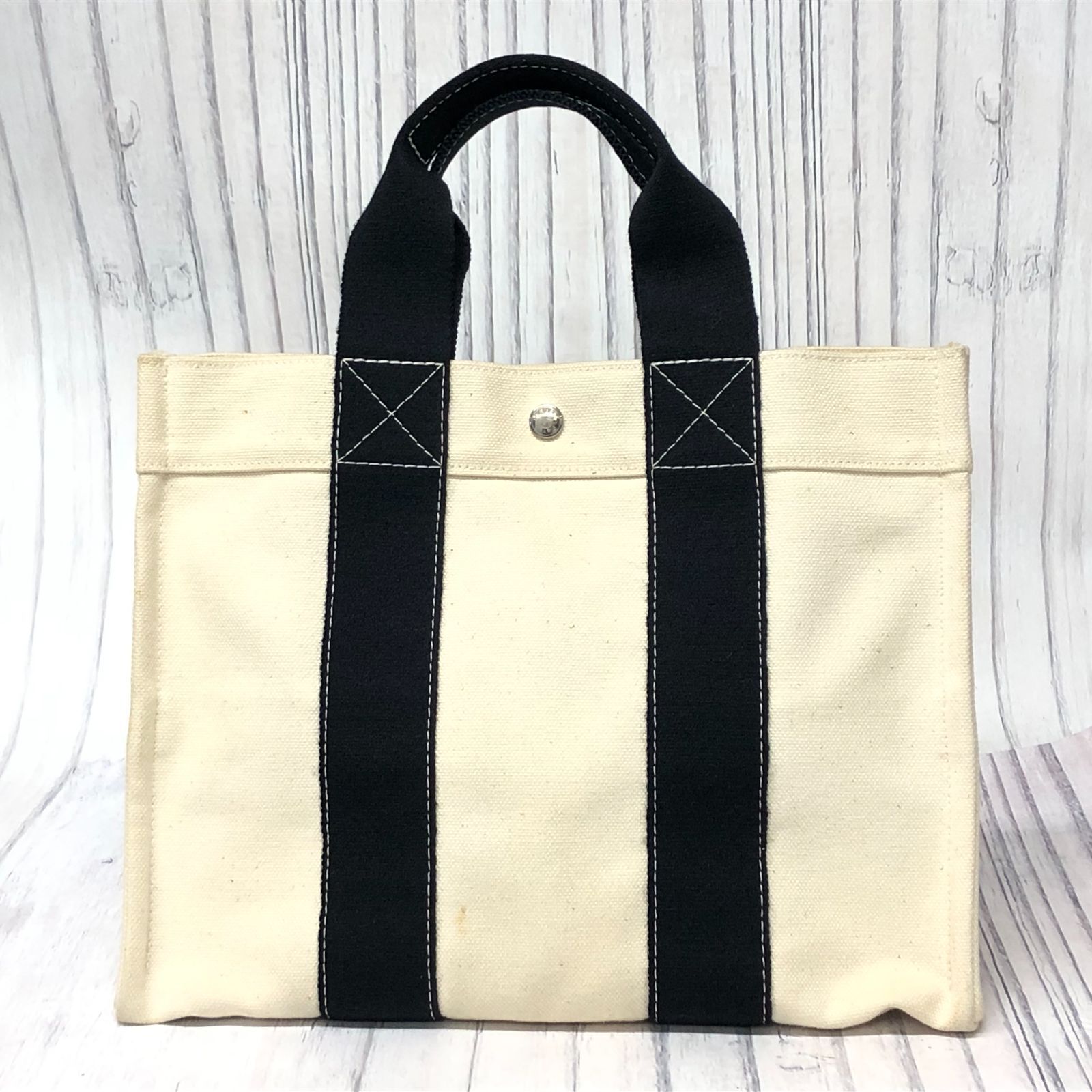 m001L X(80) HERMES エルメス ボラボラPM トートバッグ ナチュラル/ブラック コットン キャンバス