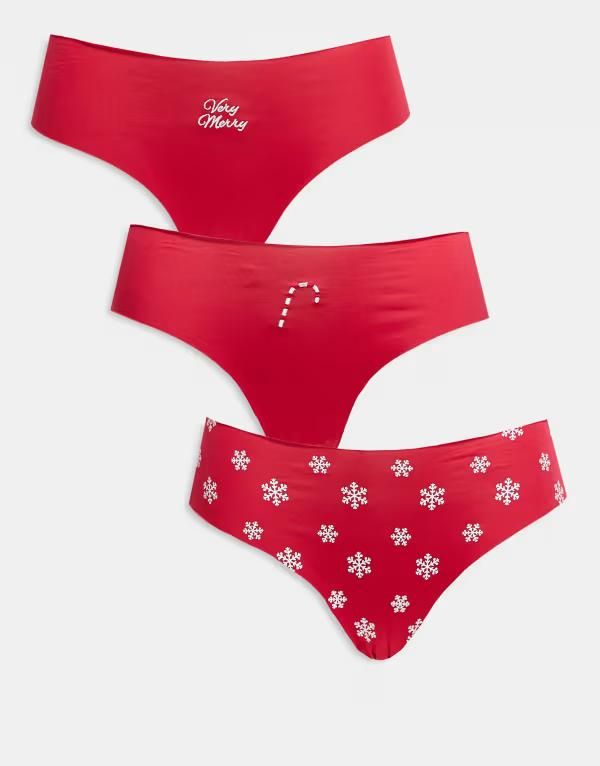 エイソス レディース アンダーウェア ブリーフパンツ プリント レース ASOS DESIGN 3 pack christmas print no vpl lace brazilian briefs