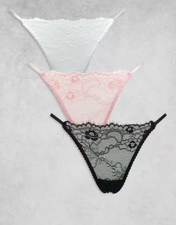 エイソス レディース アンダーウェア ブリーフパンツ レース ASOS DESIGN 3 pack lace tanga thong white and dusty rose Multi マルチカラー