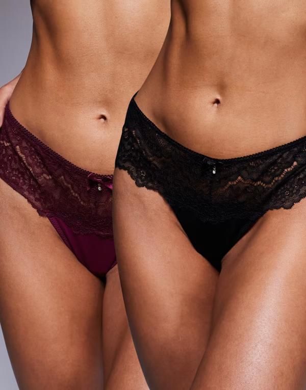 エイソス レディース アンダーウェア ブリーフパンツ レース ASOS DESIGN 2 pack deep lace thong Black burgundy ブラック