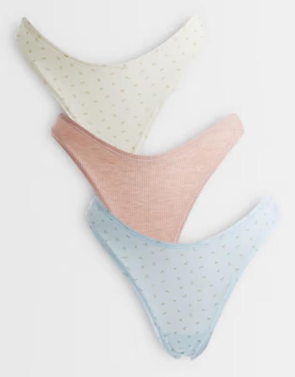 エイソス レディース アンダーウェア ブリーフパンツ プリント ASOS DESIGN 3 pack thong cream ditsy print and oatmeal riblue cream