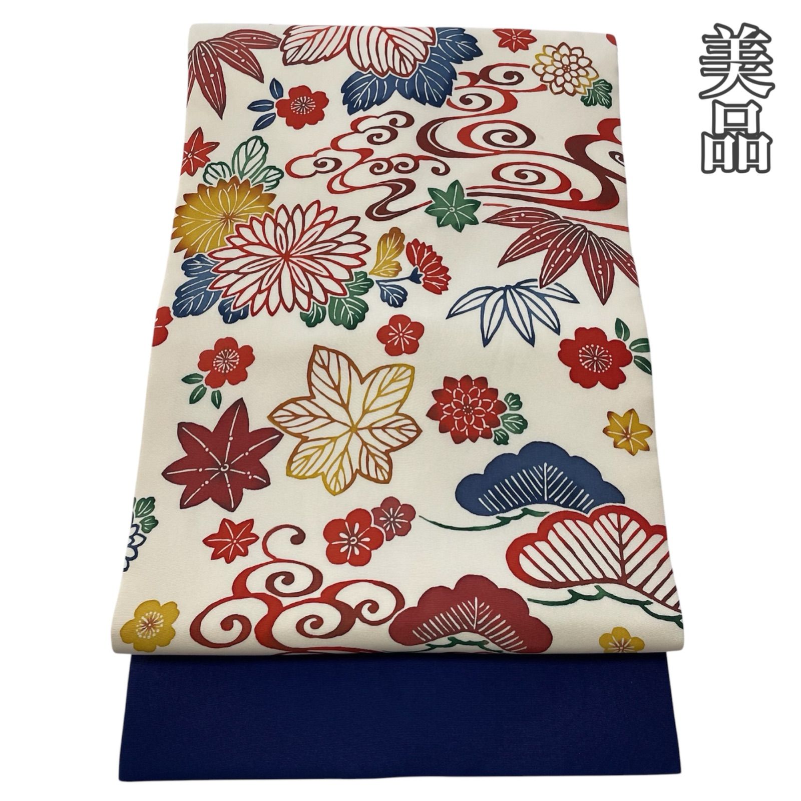 #R002 美品 名古屋帯 九寸 琉球紅型 菊 松 流水 正絹 和装 和服