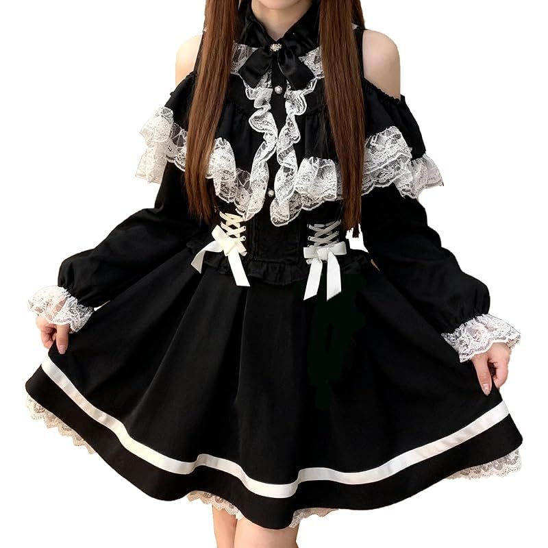 【新品】 [Sivrusn] 地雷系 ゴスロリ ワンピース ロリータ 森ガール ミニ丈 可愛い ドレス ゴシック風 コスプレ 衣装 lolita お姫様 可愛い ブローチ付き フリル レース リボン 原宿系 甘ロリ ハロウィン コスチューム 仮装 文化祭 学園