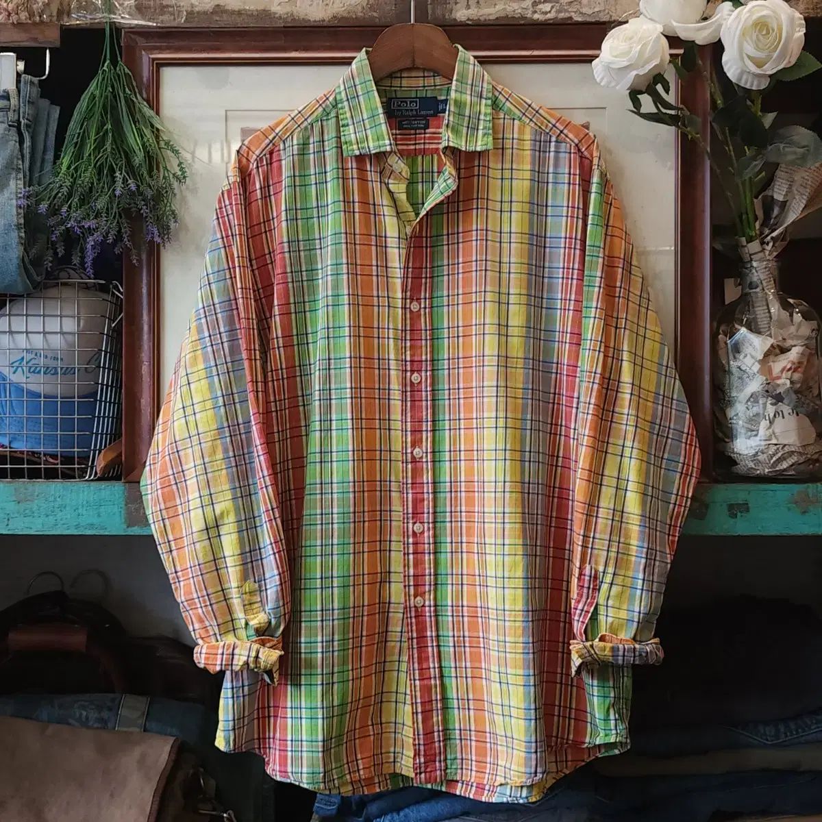 90s ポロ シャツ チェック柄 カントリー CHECK レインボー パータン L