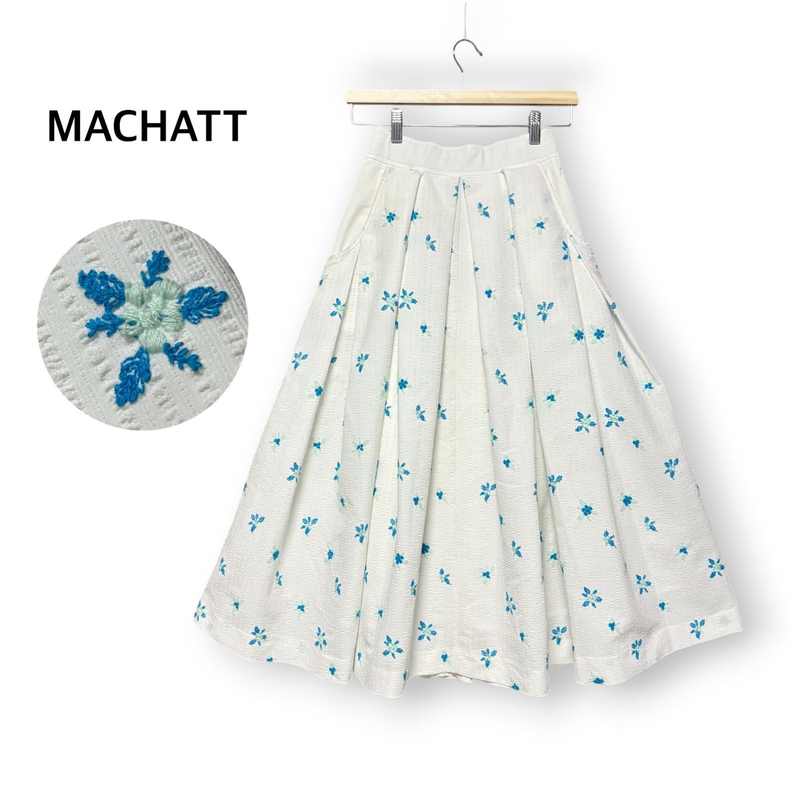 マチャット MACHATT 刺繍 花柄 エンブロイダリー シアサッカー タック フレア ロング マキシ スカート ホワイト 白 Aライン