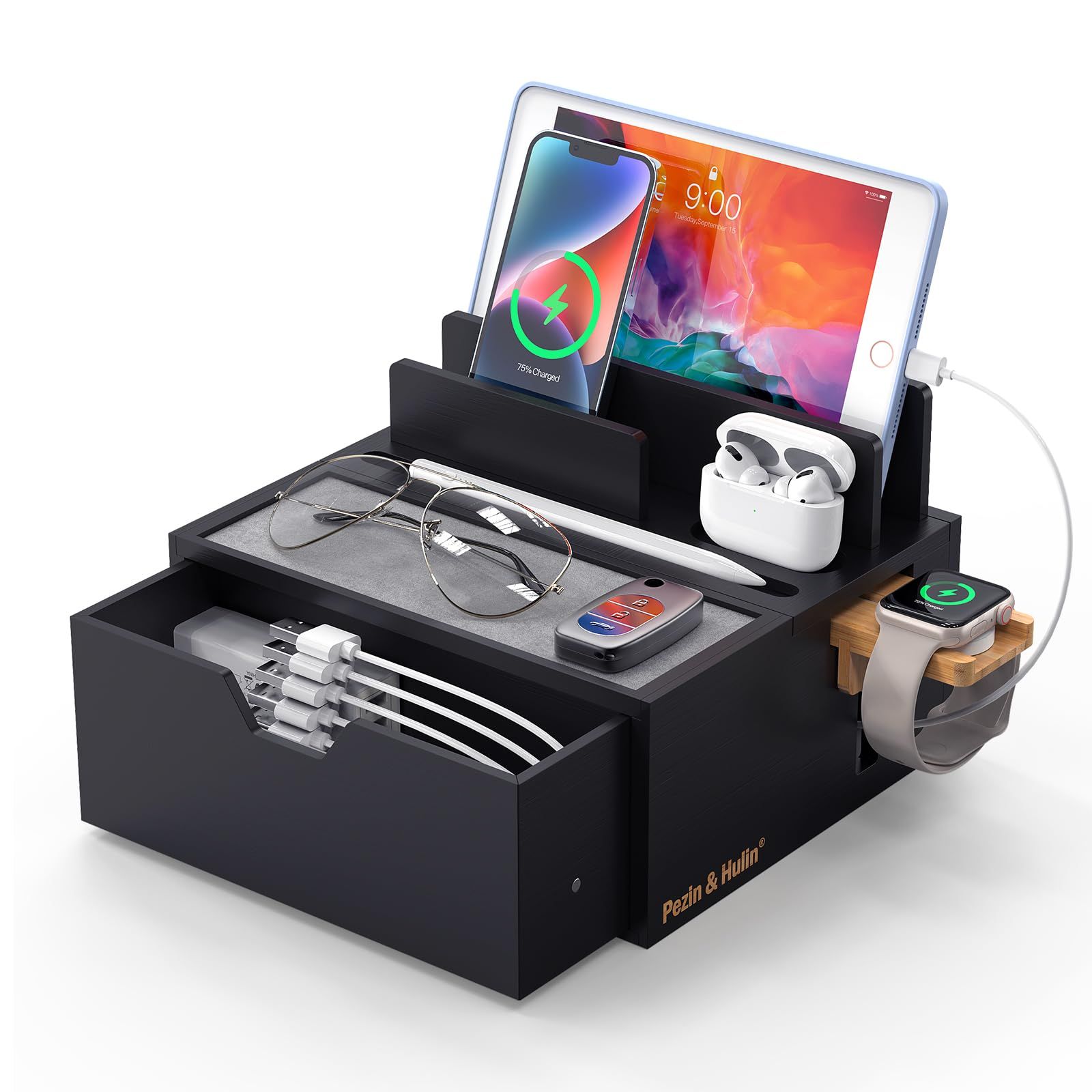 Pezin & Hulin 竹製 充電ステーション 卓上収納ート デスクオーガナイザー 複数のデバイスに充電場を提供する USB充電器は含まれません スマホ/タブレット/スマウォッチ/イヤホンなど対応でき 組立不要 大容量 ブラックas 0b8d1876