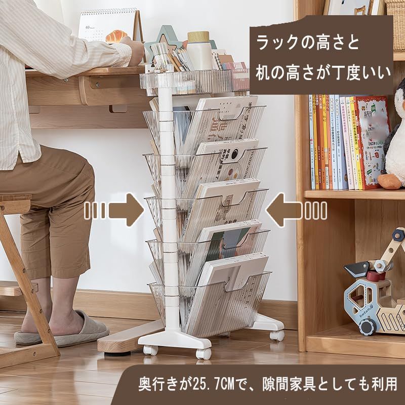 4段 クリアー本棚 スリムデスクサイド書類収納ラック 書類収納 ファイル収納 書類棚 オフィス用ファイルワゴン 大容量 キャスター付き回転 移動式 収納ラック デスク整理 デスクサイド収納 マガジンラック 組立簡単 (クリアーー５段)as e71f1ee1