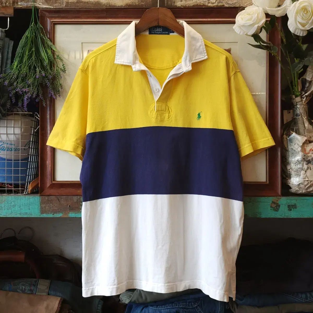 90s ポロ カラーTシャツ カラーブロック ラグビー Tシャツ イエロー L