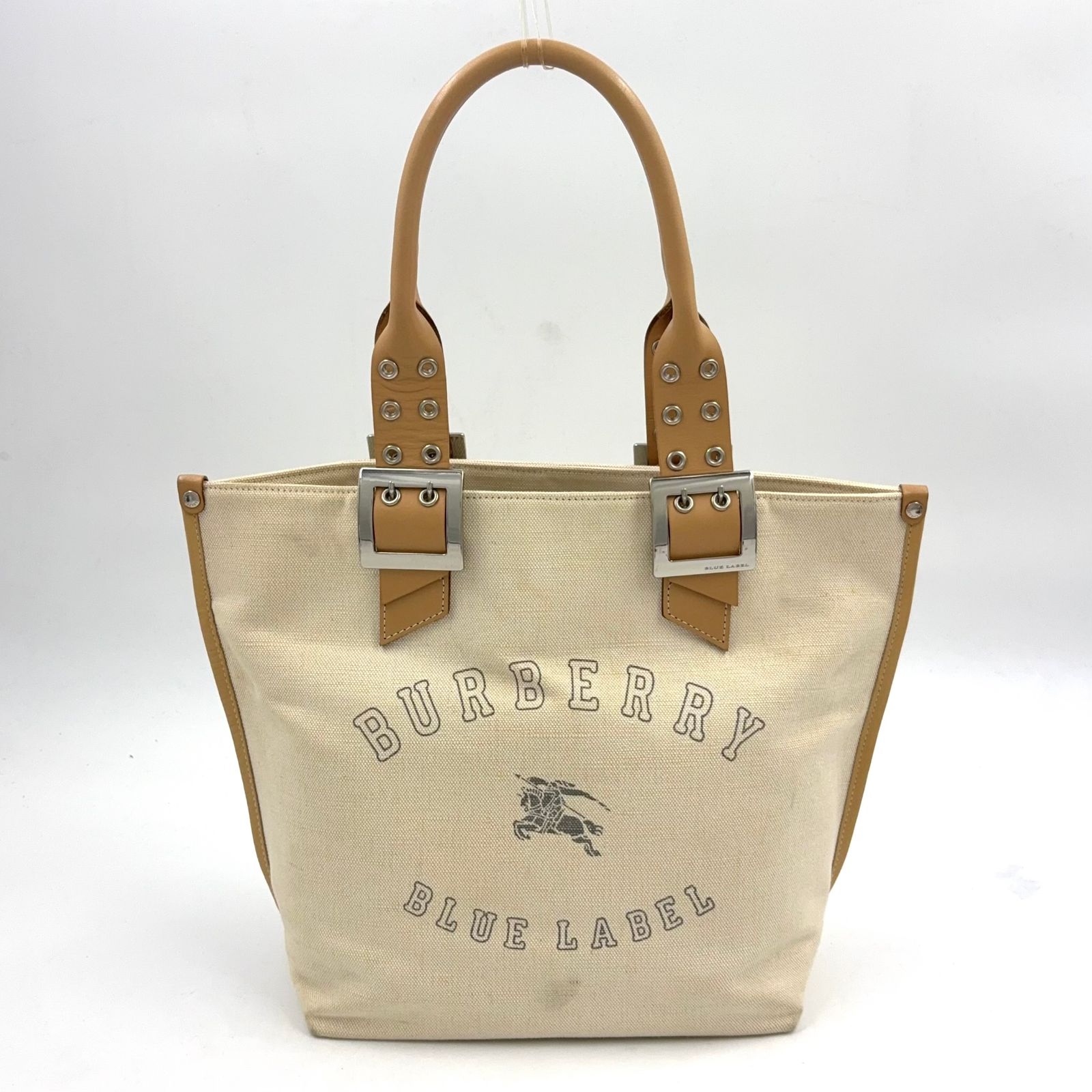 【新着】BURBERRY ホースロゴ レザー、キャンバス アイボリー、ライトブラウン トートバッグ シルバー