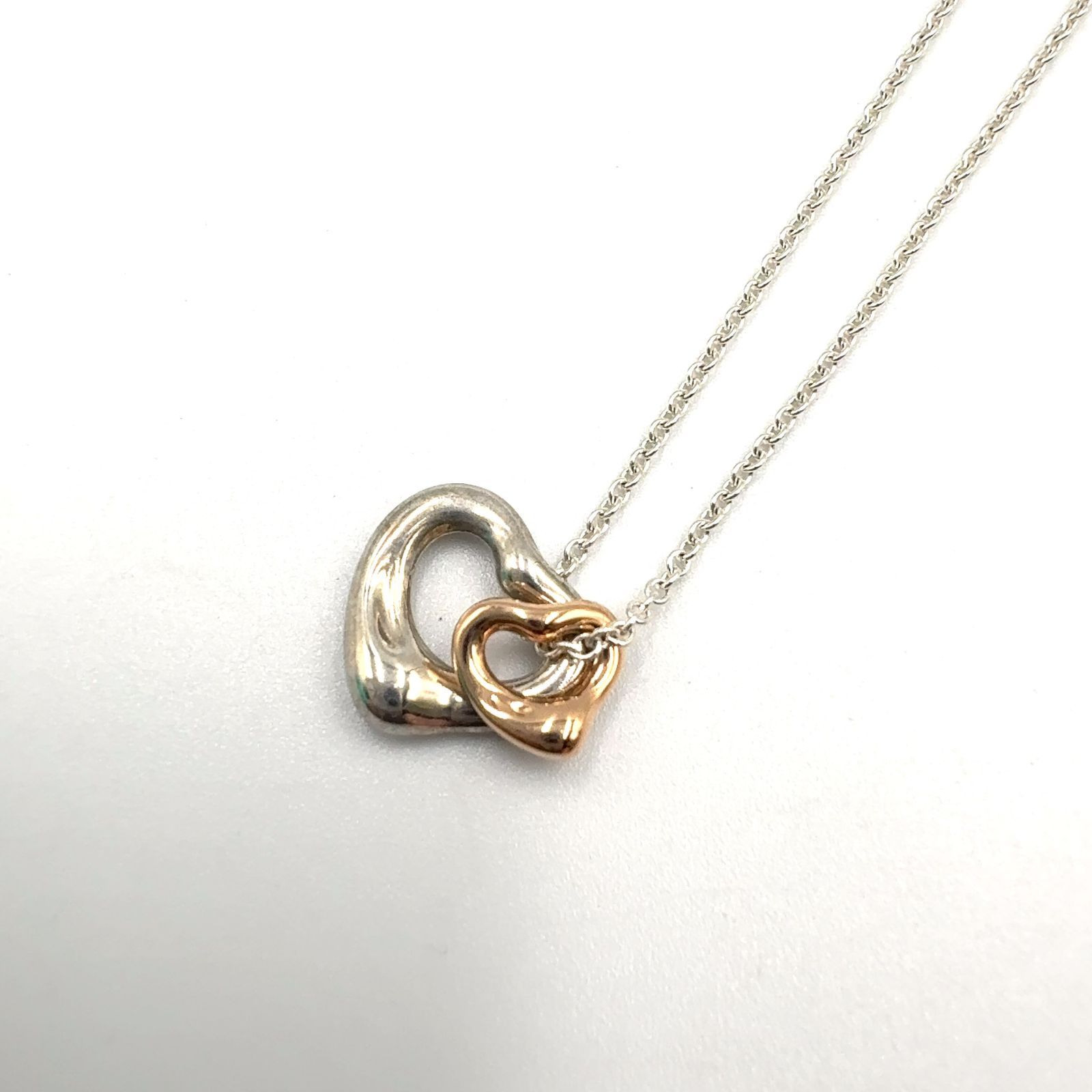 【新着】TIFFANY & Co. ダブルオープンハート AU750、AG925 シルバー、ピンクゴールド ネックレス