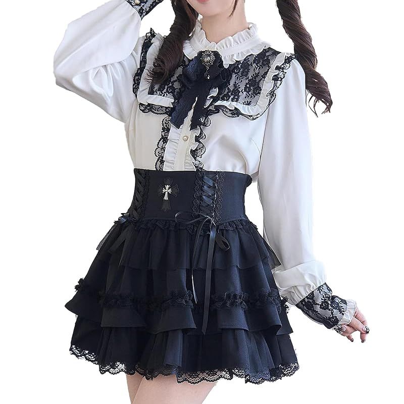【新品】 [Sivrusn] 地雷系 服 ゴスロリ ワンピース ゴシック レディース コスプレ 衣装 かわいい ミニドレス お姫様 リボン ブローチ付き フリル レース ロリータ系 量産型 ガーリー系 サブカル系 パーティー イベント 学園祭 春夏秋冬 whi