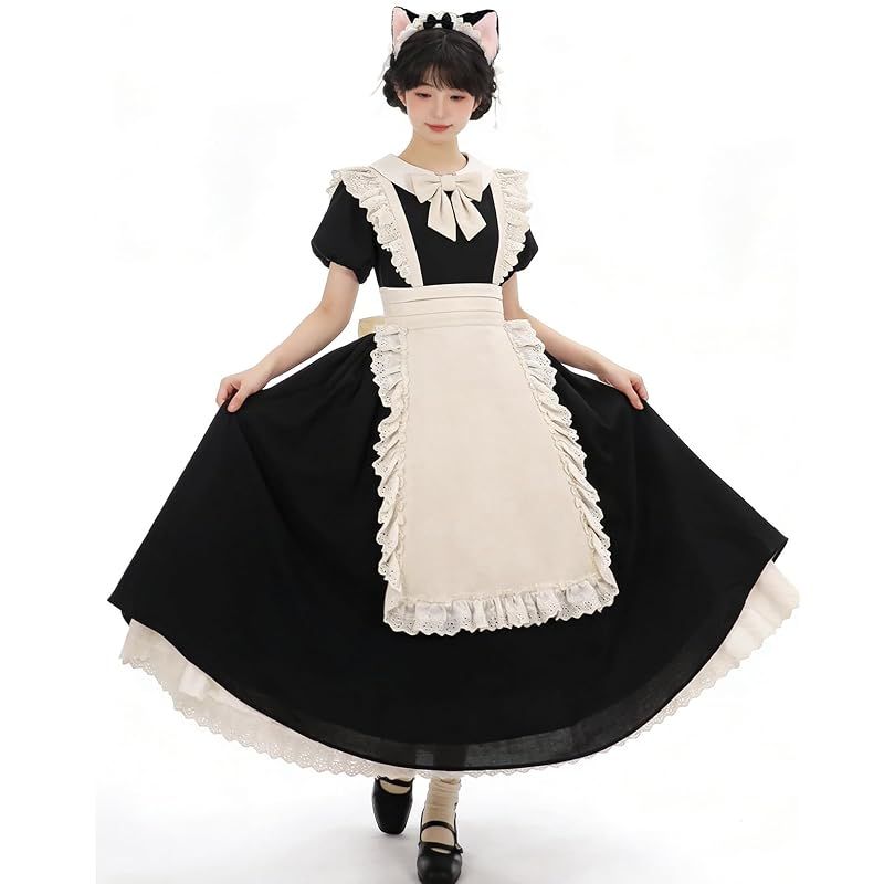 【新品】 [KALAOK] メイドコスチューム 半袖 仮装 コンカフェ パーティー 大人 初心者 かわいい ホワイト+ブラック 900ロング丈 S