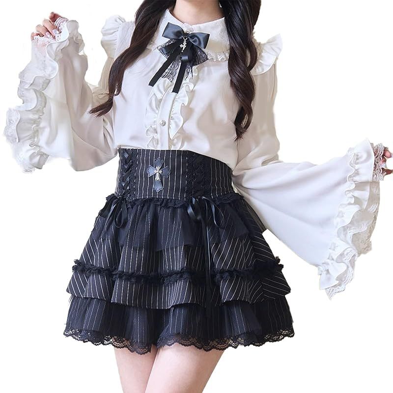 【新品】 [Sivrusn] 地雷系 服 サブカル系 レディース 量産型 セットアップ ワンピース ゴスロリ 女装 コスプレ 上下 姫袖 可愛い レース リボン フリル ロリータ スカート 病みかわいい ガーリー系 清楚系 原宿系 森ガール コスチューム 衣装
