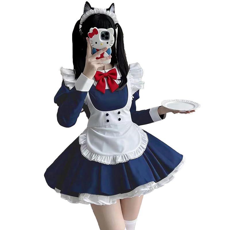 【新品】 [KALAOK] メイド服 コスプレ コンカフェ メイド エプロン 定番 ショート丈 コスチューム 仮装 レディース 男女兼用 navy XL