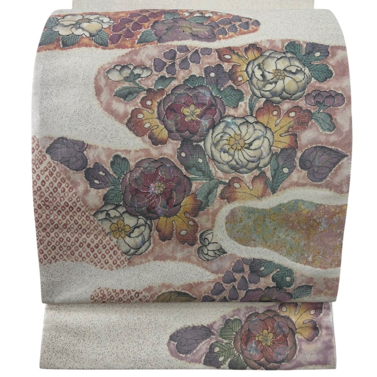 【美品】 袋帯 秀品 草花 霞 金銀彩 螺鈿 クリーム お太鼓柄 正絹 【中古】