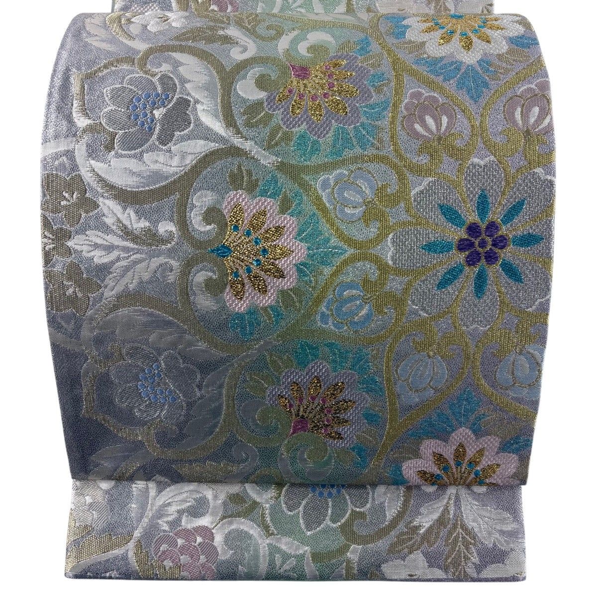【美品】 袋帯 秀品 関西仕立て 華文 花唐草 箔 金銀糸 薄緑 六通 正絹 【中古】
