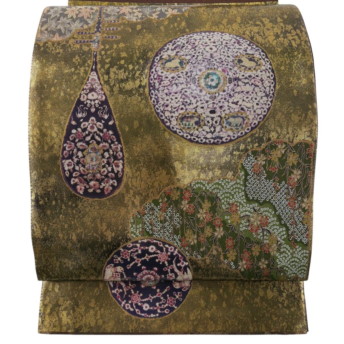 【美品】 袋帯 秀品 関西仕立て 華文 和楽器 金銀彩 箔 赤茶 お太鼓柄 正絹 【中古】