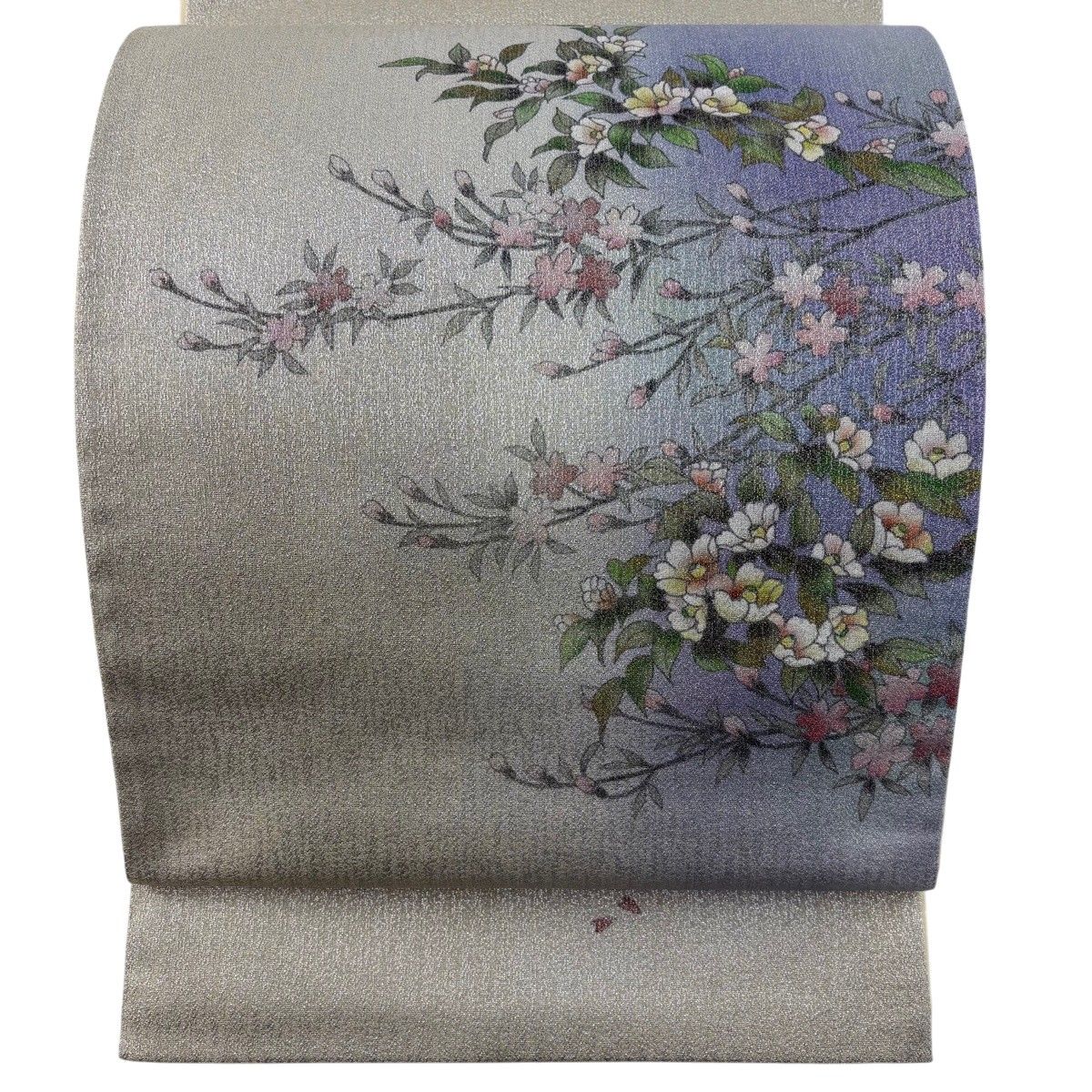 【美品】 袋帯 秀品 桜 椿 銀糸 ぼかし ベージュ お太鼓柄 正絹 【中古】