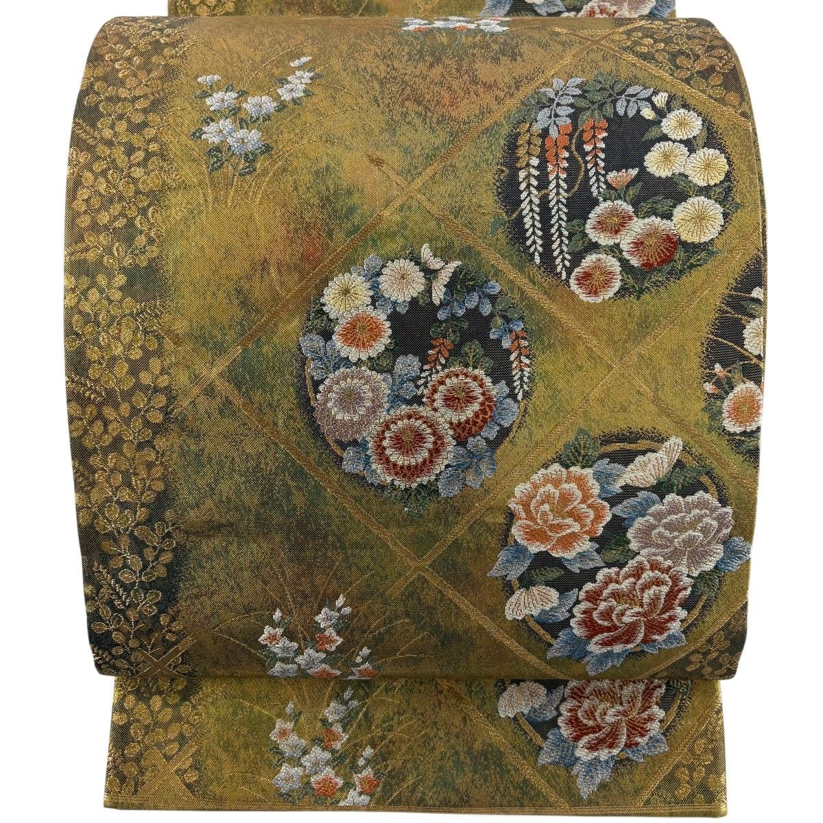 【美品】 袋帯 秀品 花丸紋 斜め格子 箔 唐織 金色 六通 正絹 【中古】