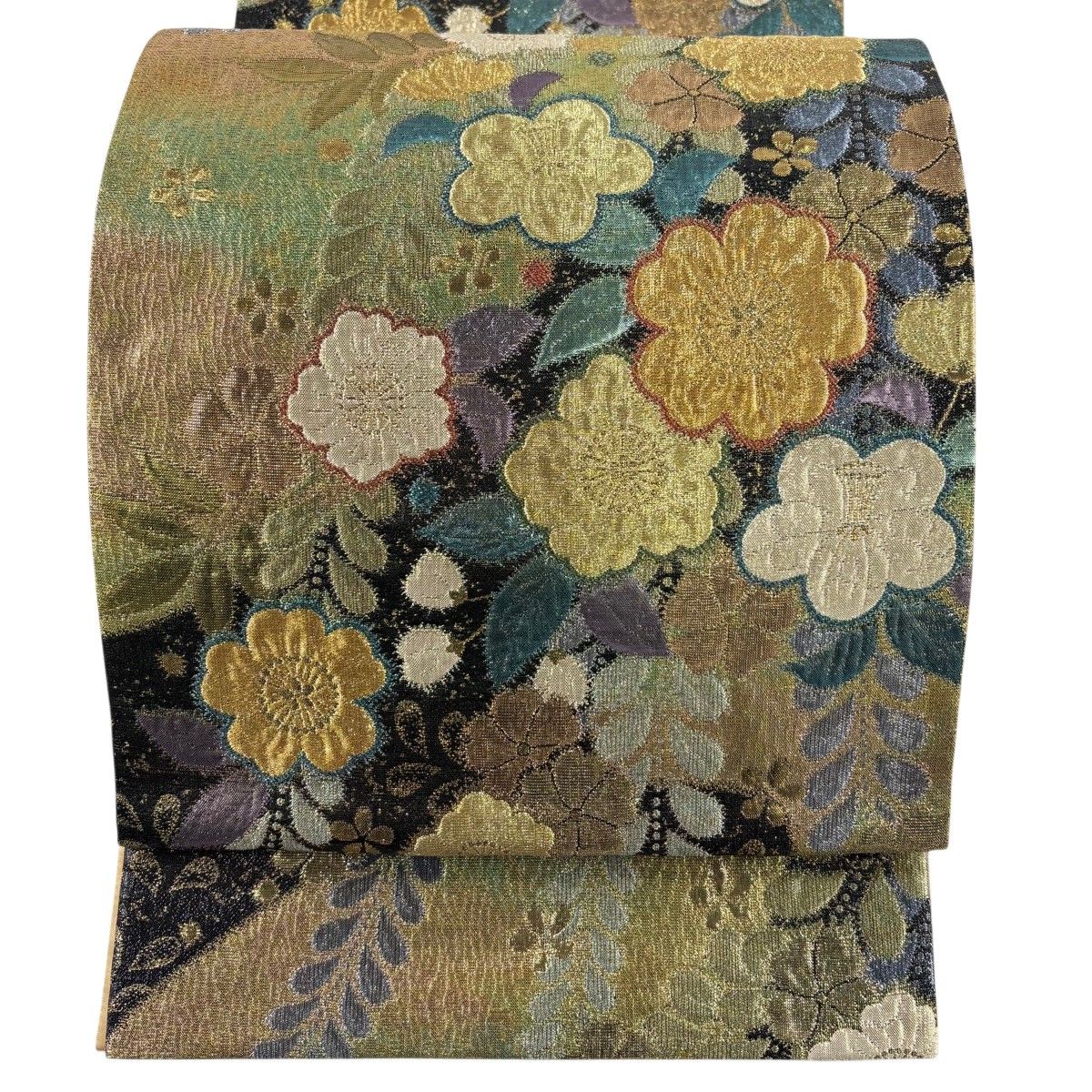 【美品】 袋帯 秀品 辻が花柄 金糸 箔 薄緑 六通 正絹 【中古】