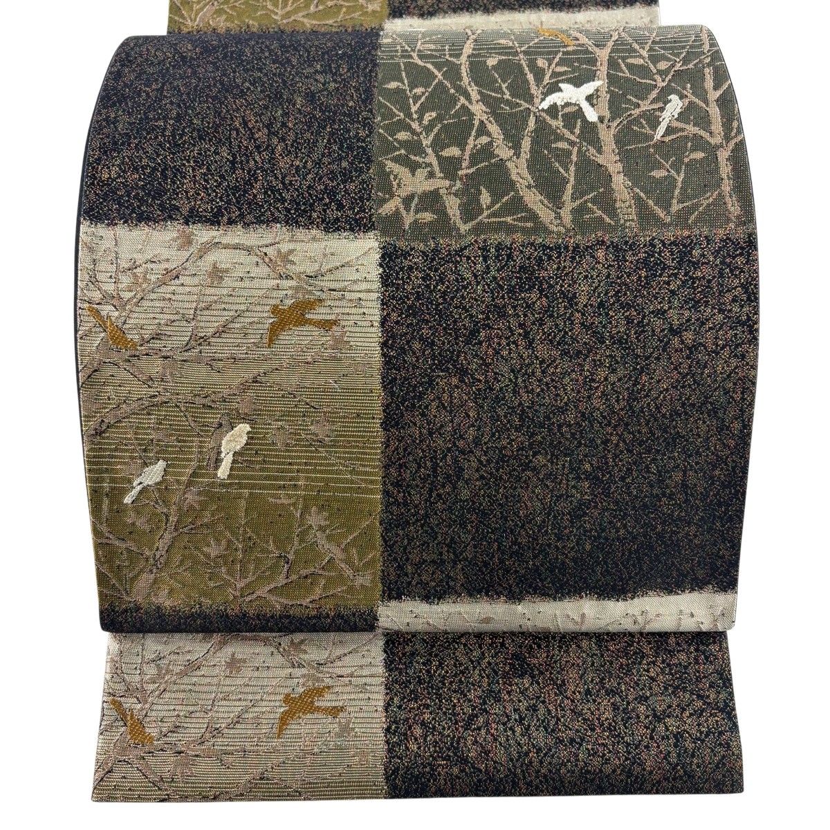 【美品】 袋帯 秀品 市松野鳥文様 金糸 焦茶色 六通 正絹 【中古】