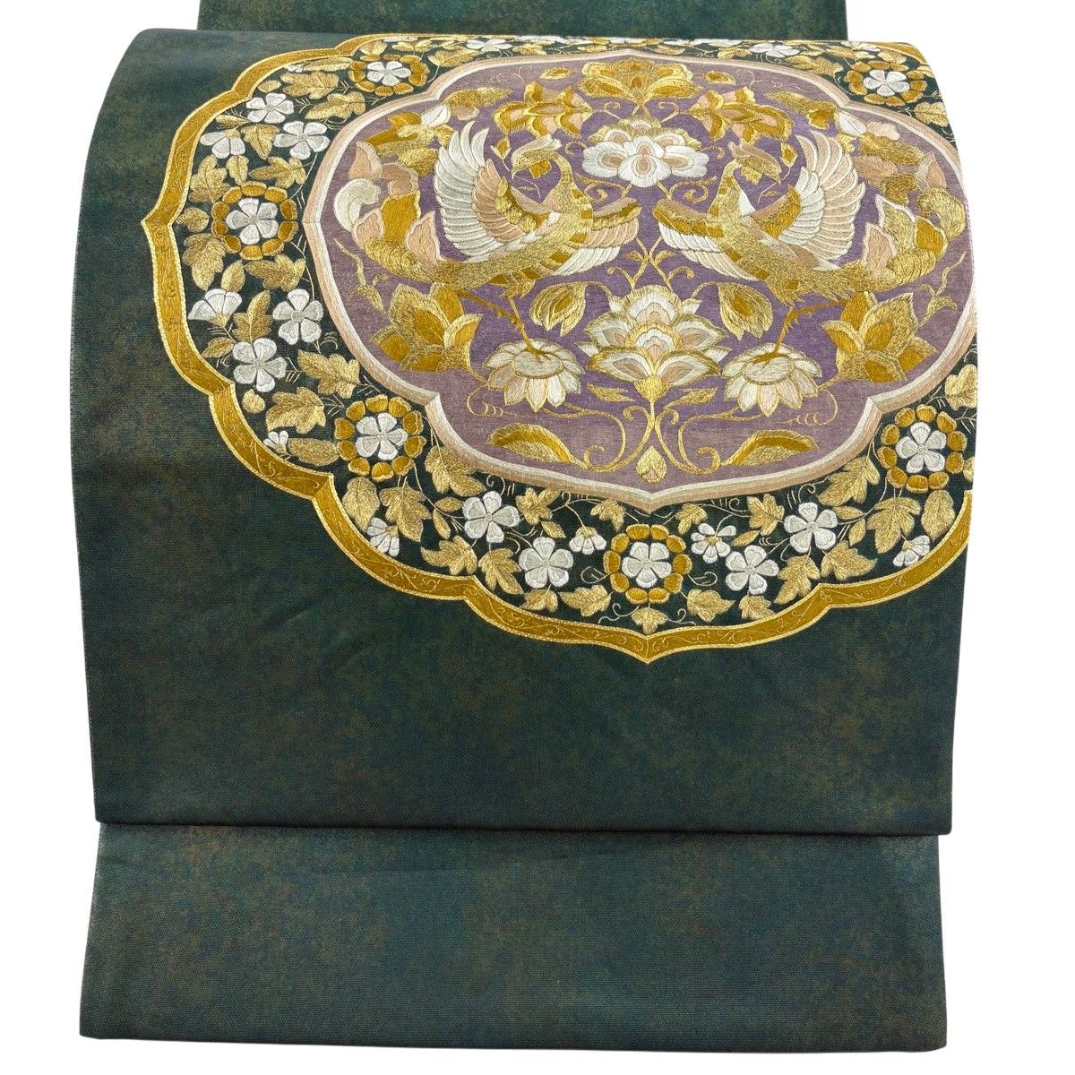 【美品】 袋帯 秀品 向かい鳥 草花 刺繍 金糸 深緑 お太鼓柄 正絹 【中古】
