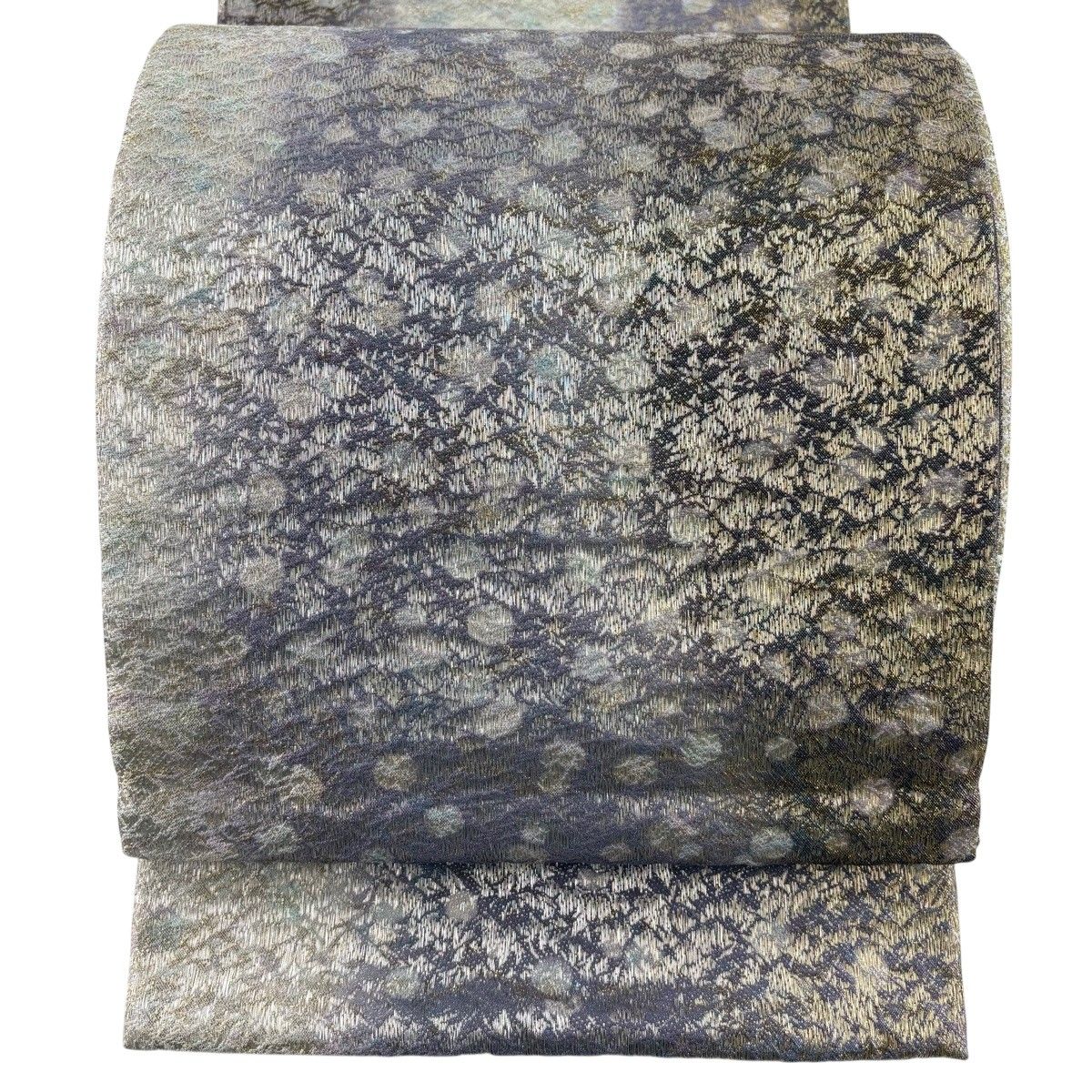 【美品】 袋帯 秀品 霞 幾何学模様 金銀糸 箔 灰紫 お太鼓柄 正絹 【中古】