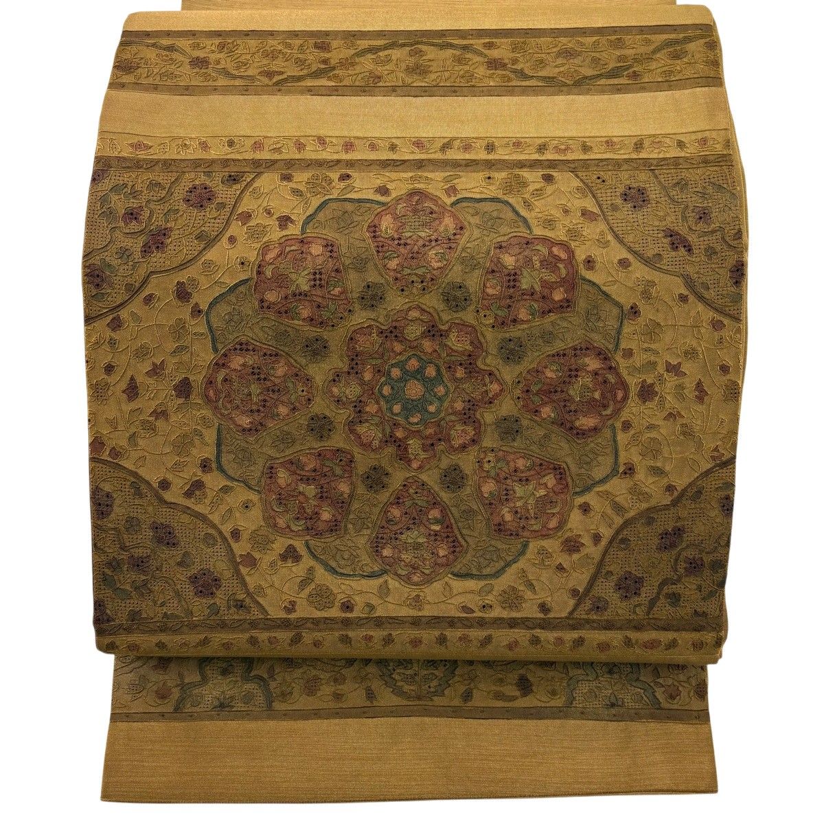 【美品】 袋帯 秀品 関西仕立て 華文 草花 金彩 刺繍 薄茶色 お太鼓柄 正絹 【中古】