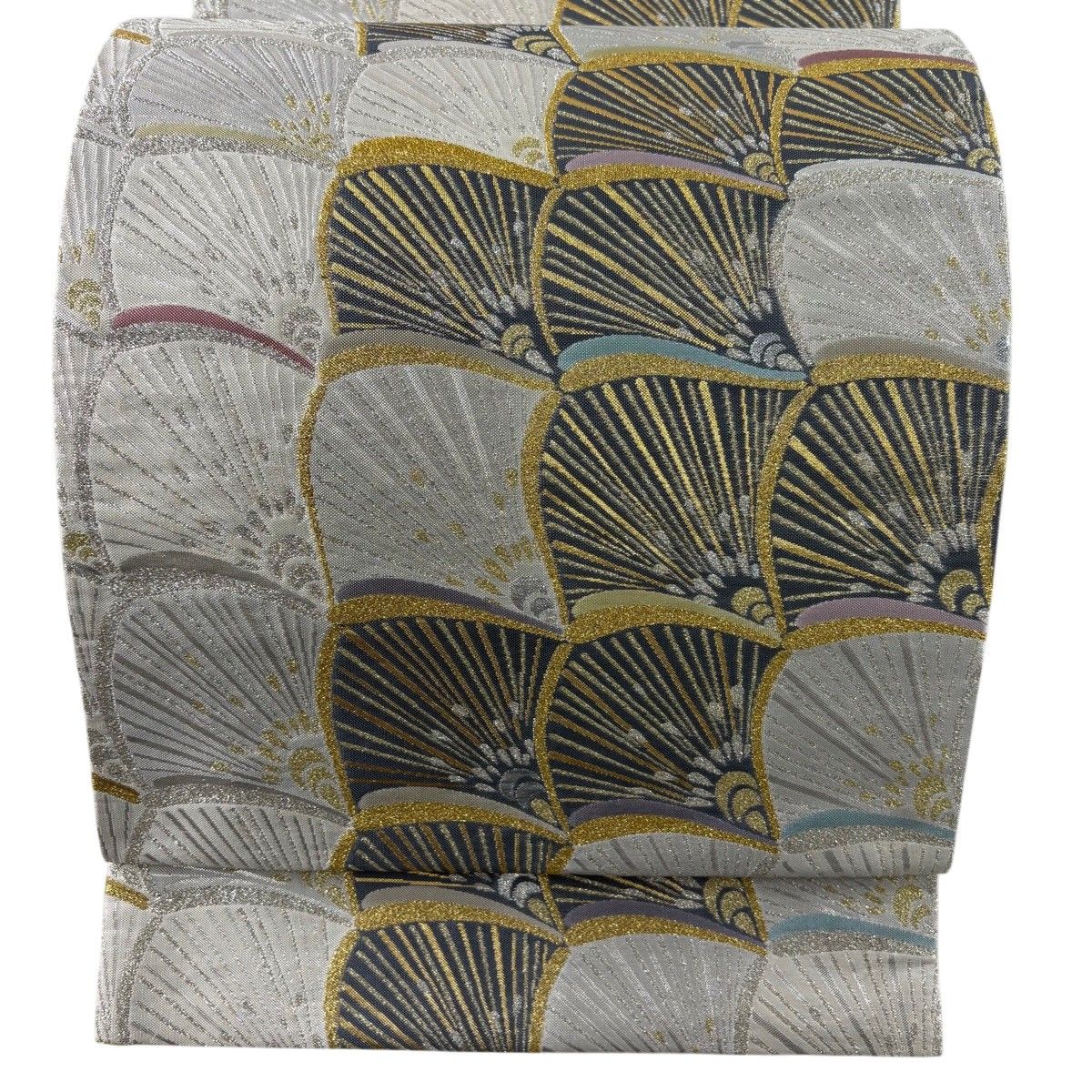 【美品】 袋帯 秀品 紹巴織 詩 瓦 若松 金銀糸 箔 灰色 六通 正絹 【中古】