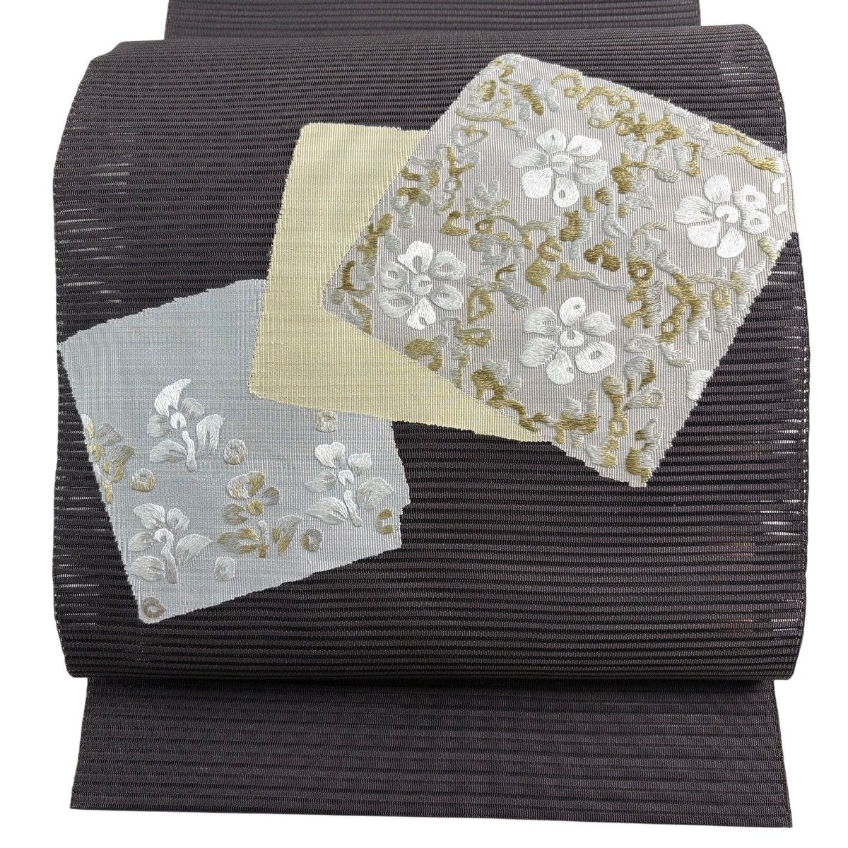 名古屋帯 秀品 夏帯 絽 八寸名古屋帯 松葉仕立て トンネル仕立て 色紙 草花 刺繍 金銀糸 墨色 正絹 【中古】