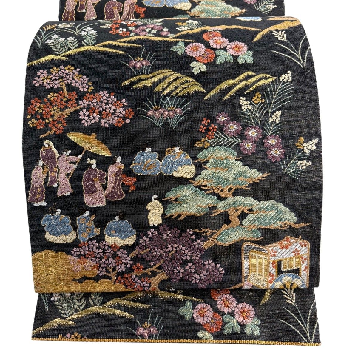 【美品】 袋帯 秀品 慶祥夢絵巻 人物 箔 金糸 墨色 六通 正絹 【中古】