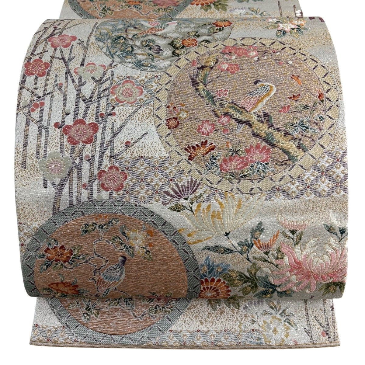 【美品】 袋帯 秀品 証紙 華しおり 鳥 枝花 唐織 金糸 灰色 六通 正絹 【中古】