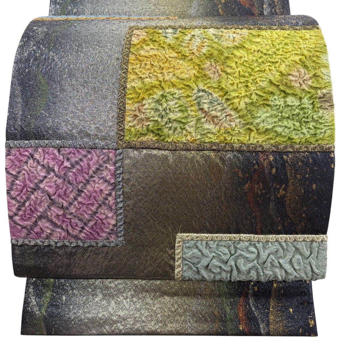 【美品】 袋帯 秀品 幾何学模様 箔 金糸 灰緑 お太鼓柄 正絹 【中古】