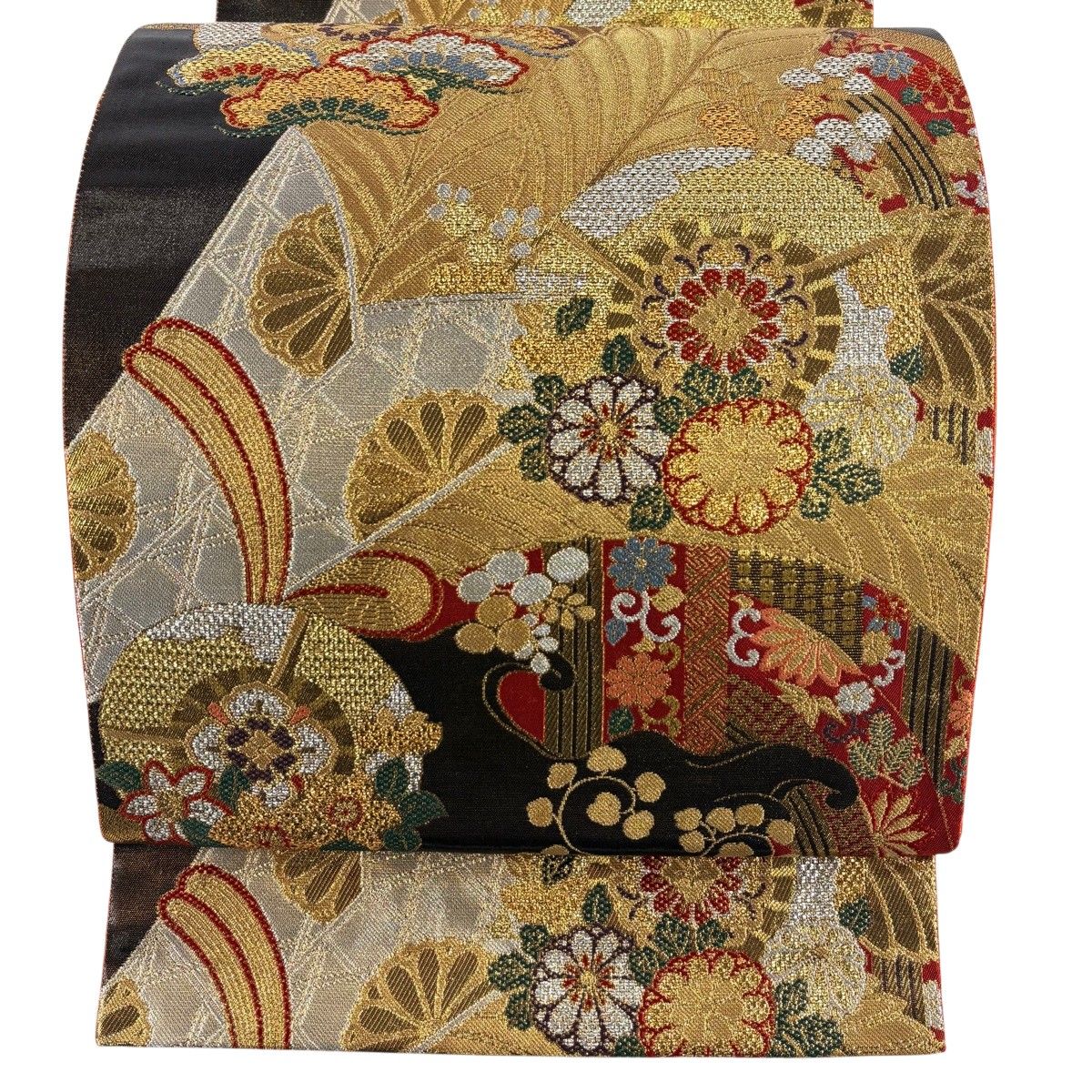 【美品】 袋帯 秀品 源氏車 松 金銀糸 箔 焦茶色 六通 正絹 【中古】