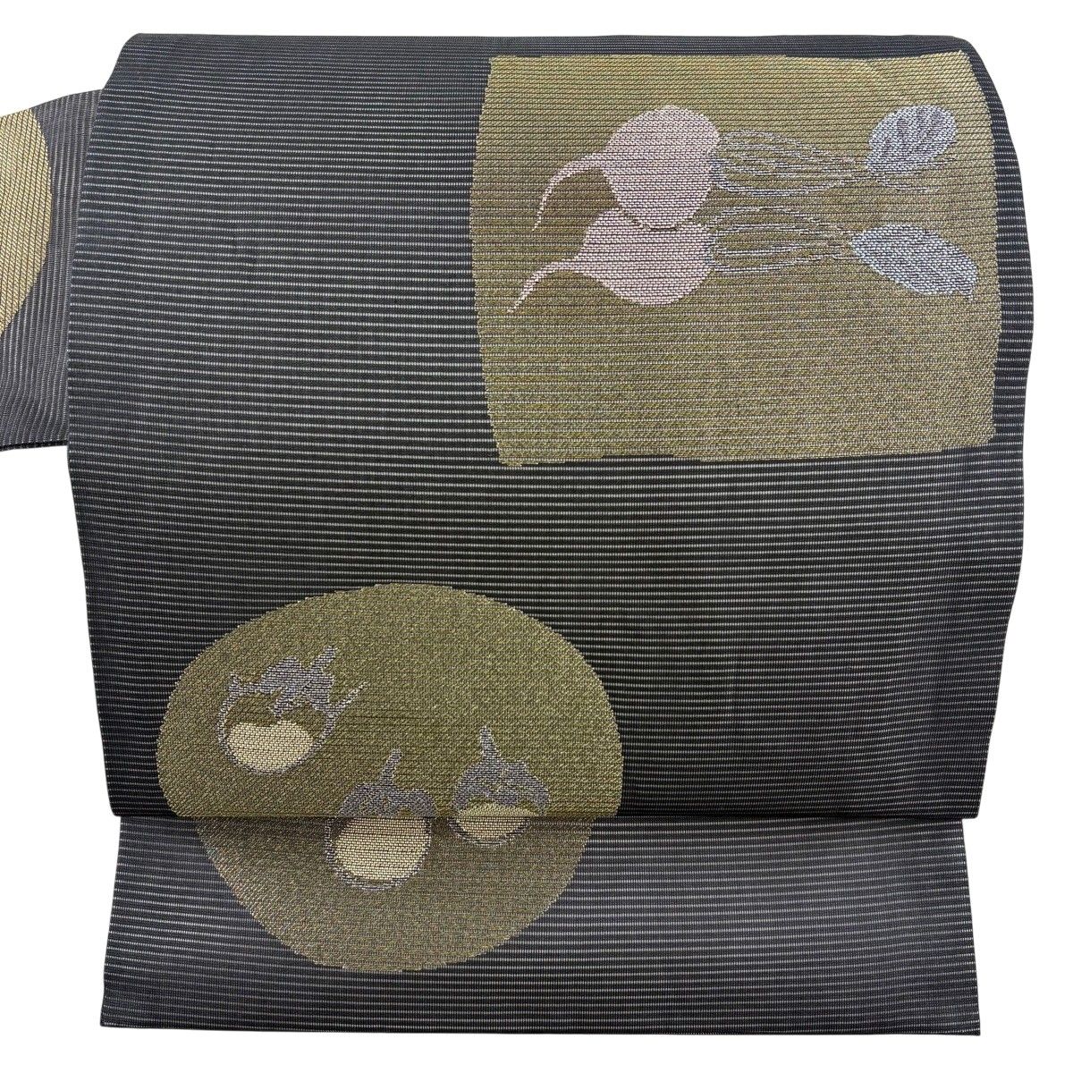名古屋帯 秀品 夏帯 絽 蕪 茄子 金糸 銀糸 黒灰 正絹 【中古】