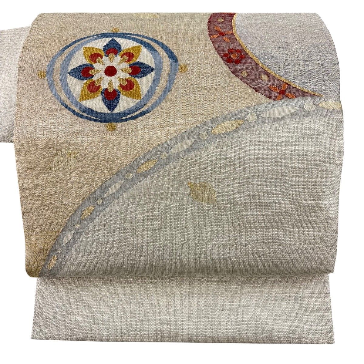 【美品】 名古屋帯 秀品 花 幾何学模様 金銀糸 ベージュ 正絹 【中古】