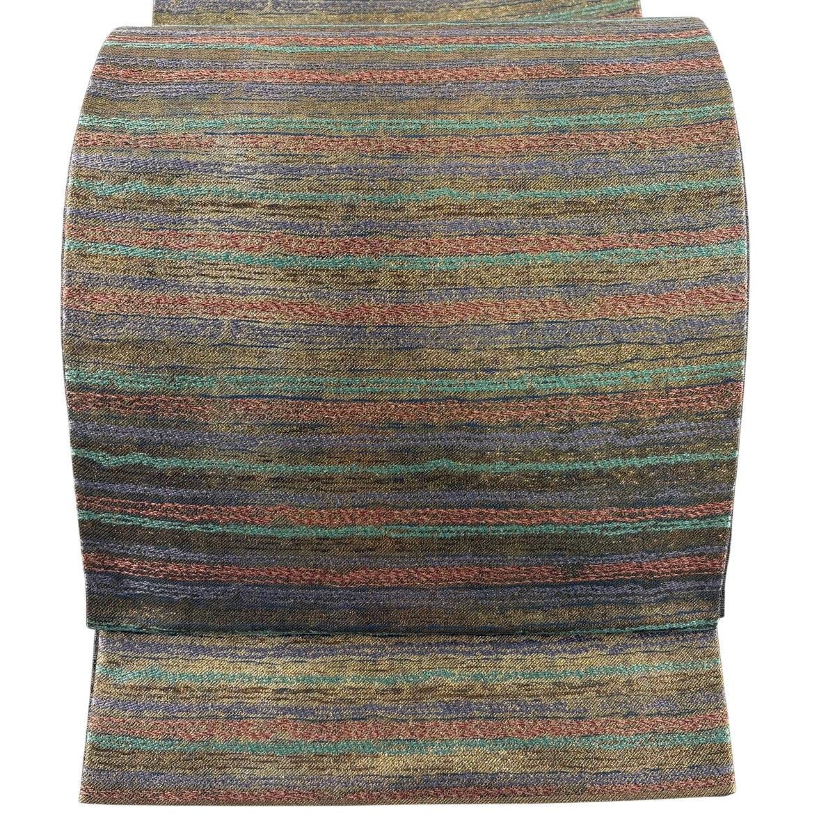 【美品】 袋帯 秀品 縞 箔 茶緑色 六通 正絹 【中古】