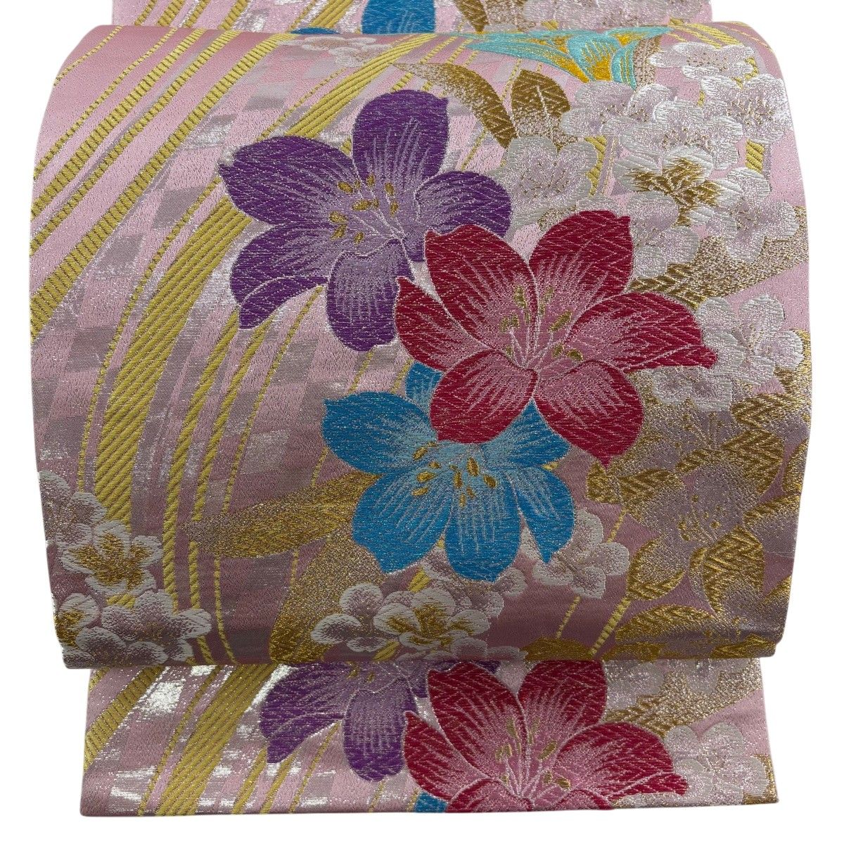 【美品】 袋帯 秀品 草花 よろけ縞 箔 金糸 ピンク 六通 正絹 【中古】