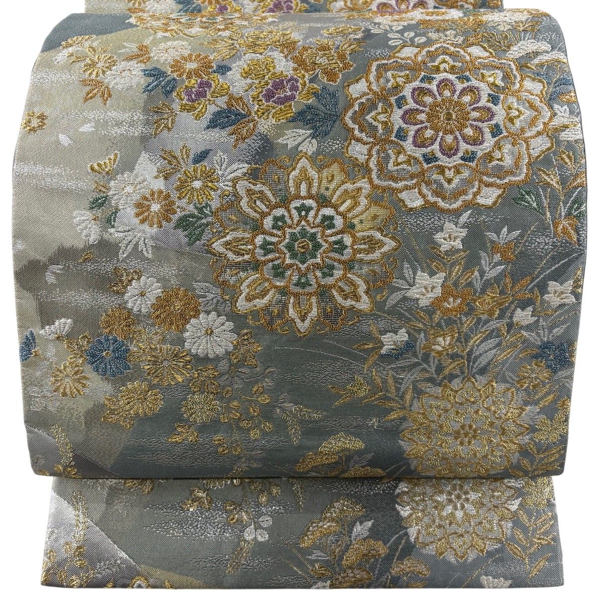 【美品】 袋帯 秀品 華文 草花 金銀糸 箔 青灰色 六通 正絹 【中古】