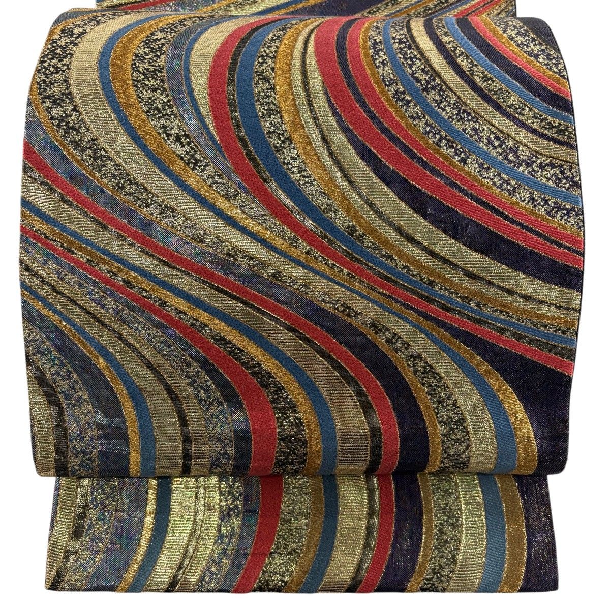 【美品】 袋帯 秀品 よろけ縞 箔 金糸 紫 六通 正絹 【中古】