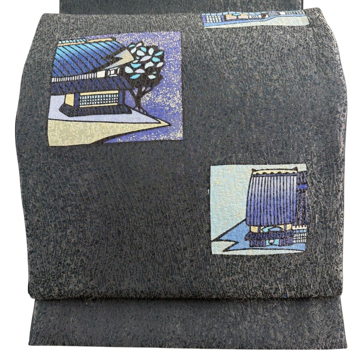 【美品】 袋帯 秀品 建物 樹木 金彩 金糸 墨色 お太鼓柄 正絹 【中古】