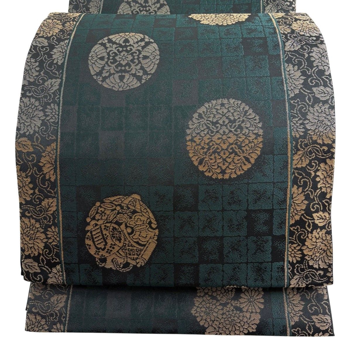 【美品】 袋帯 秀品 花丸文 宝尽くし 箔 金銀糸 緑 全通 正絹 【中古】