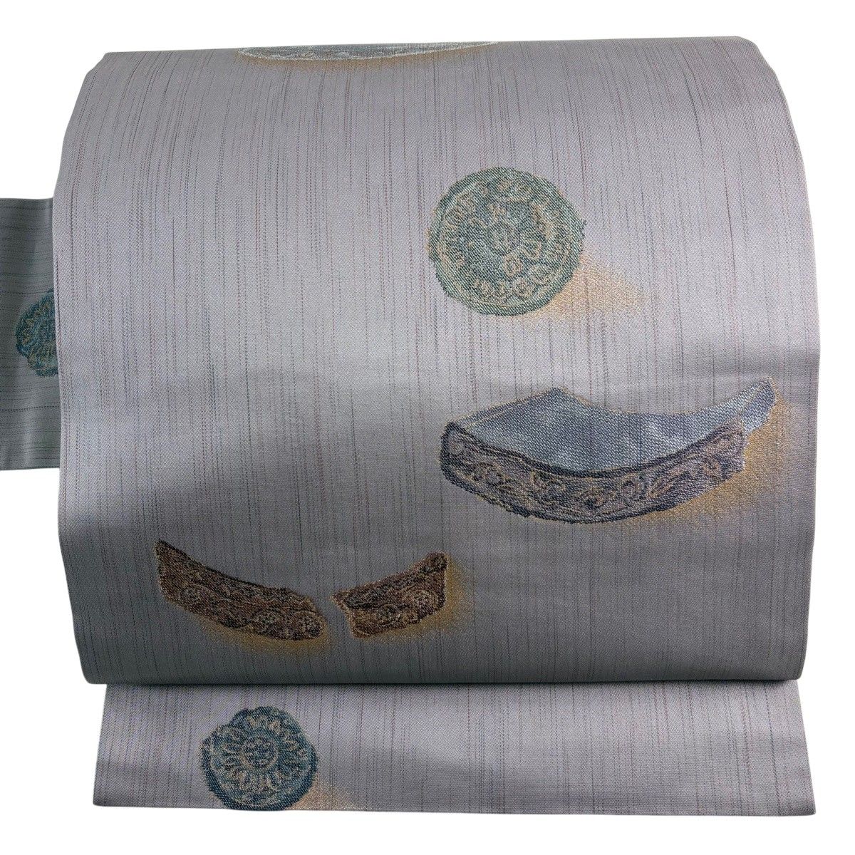 【美品】 名古屋帯 秀品 器物 幾何学 灰紫 正絹 【中古】