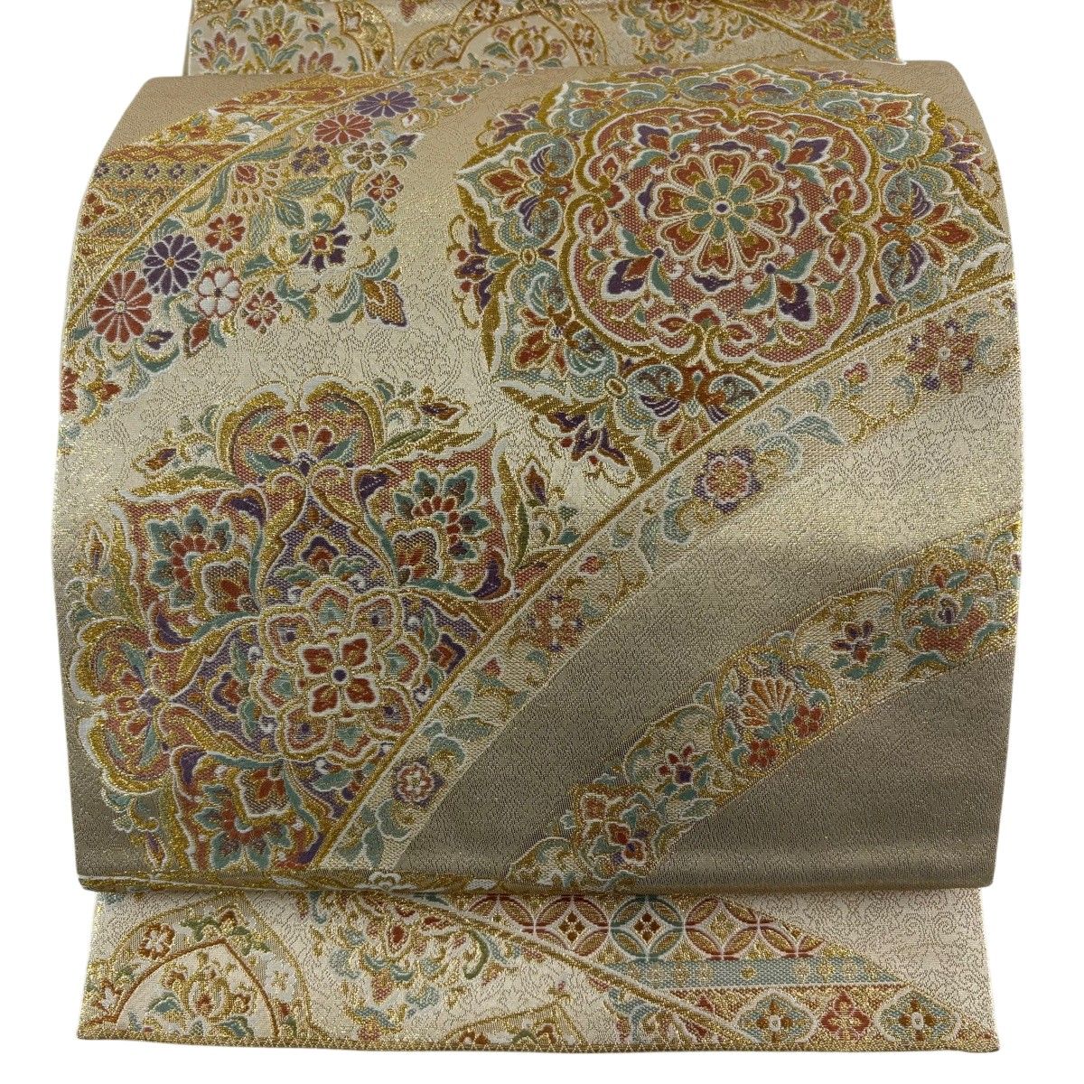 【美品】 袋帯 秀品 関西仕立て 華文 草花 金糸 箔 金色 六通 正絹 【中古】
