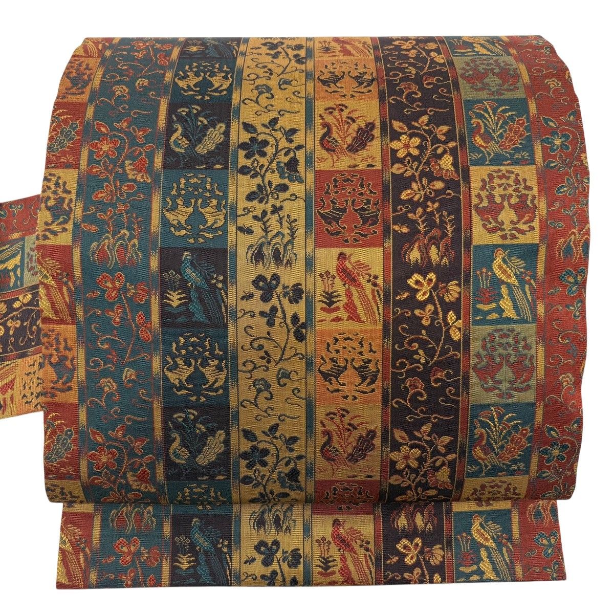 名古屋帯 秀品 鳥 草花 黄土色 正絹 【中古】