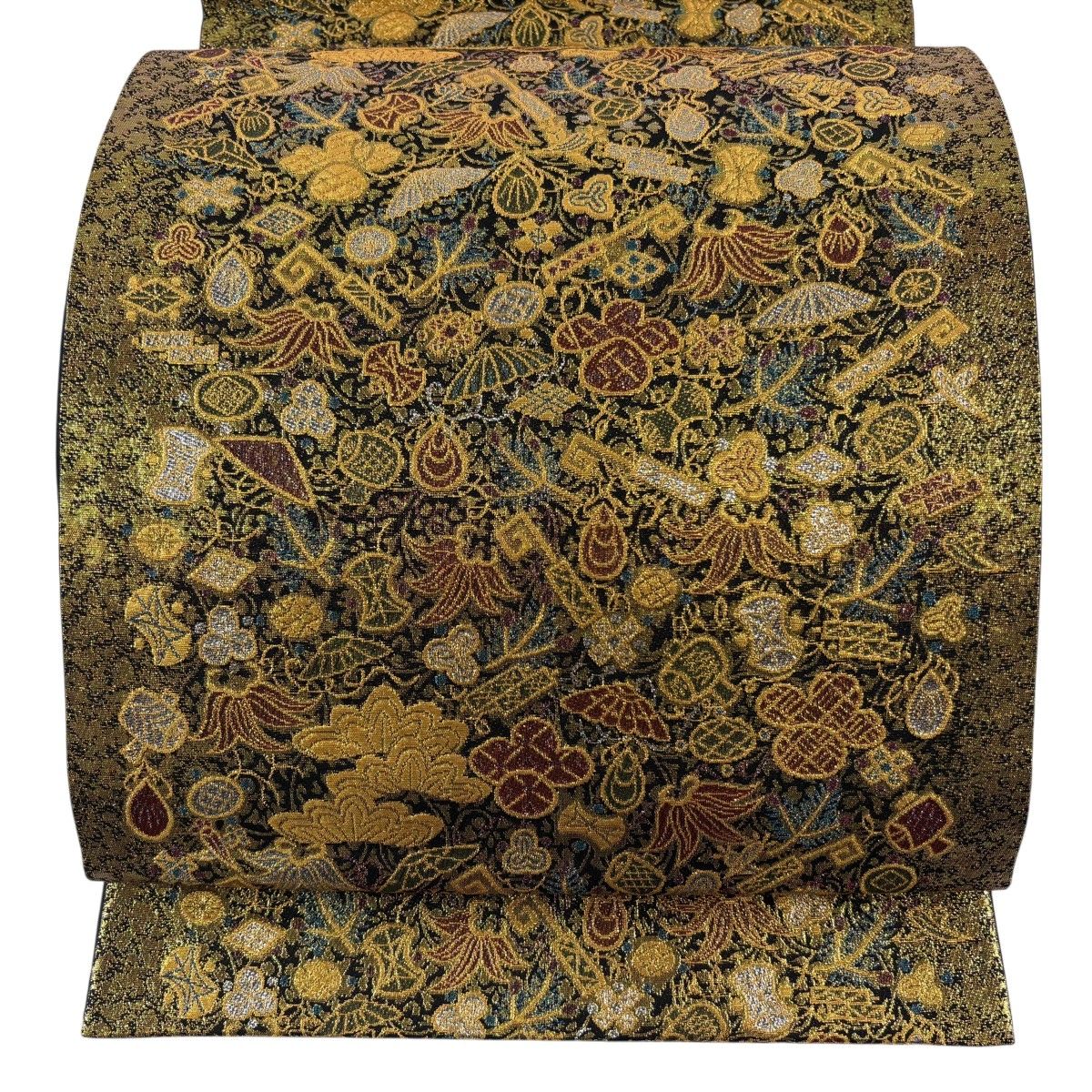 【美品】 袋帯 秀品 宝尽くし 松 箔 金色 六通 正絹 【中古】